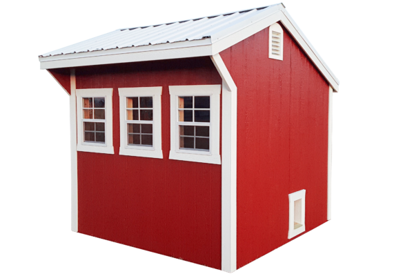 chicken coop, kauffman structures - Red and white chicken coop with three visible white-framed windows beneath white metal roof