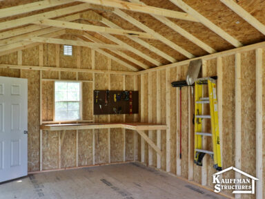 interior bench construction of a storage shed