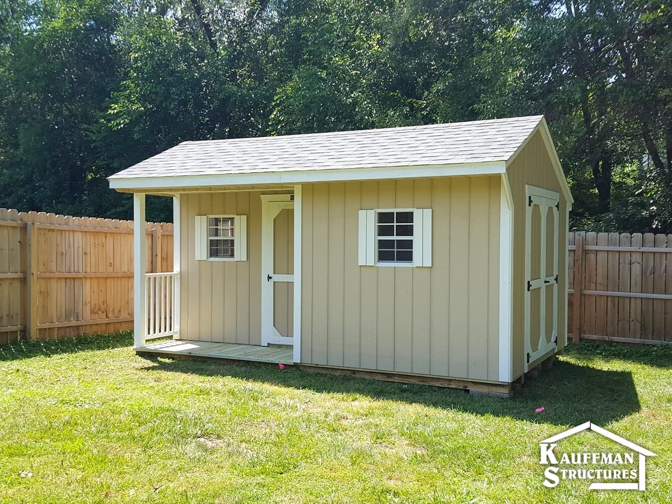 storage shed with a corner porch in knoxville iowa