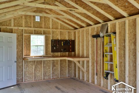 interior bench construction of a storage shed