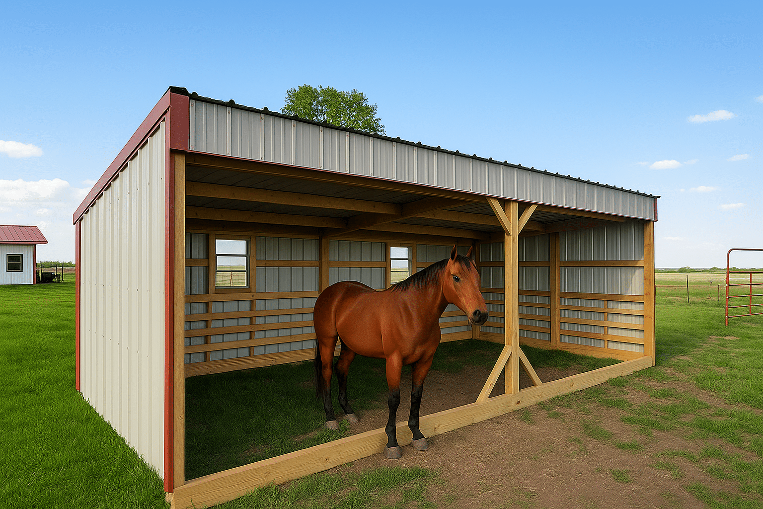 A brown horse standing inside a three-sided loafing shed with a metal roof, wooden framing, and a dirt floor covered with grass mats.