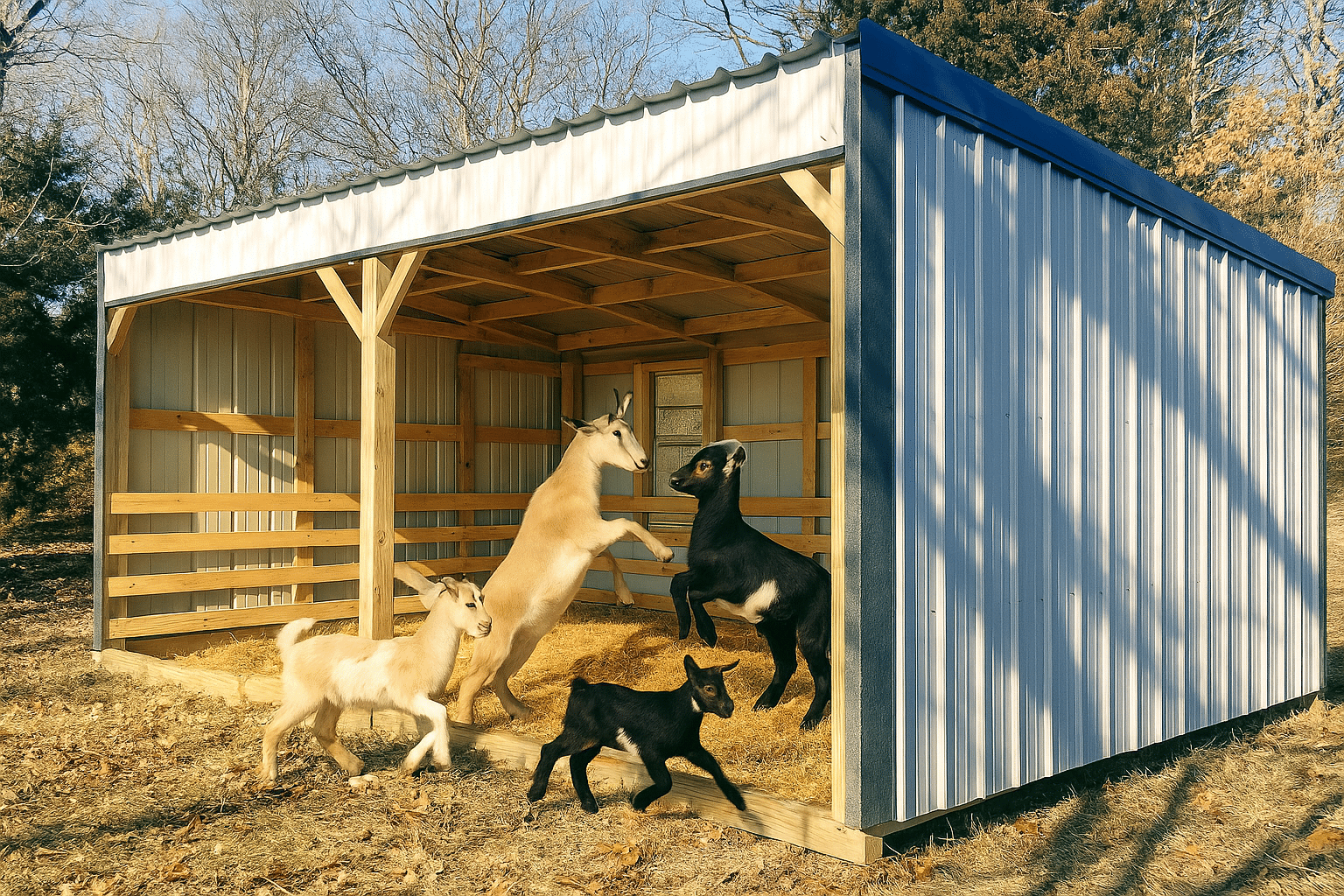 Goats playing energetically in a loafing shed with open sides and a metal roof.
