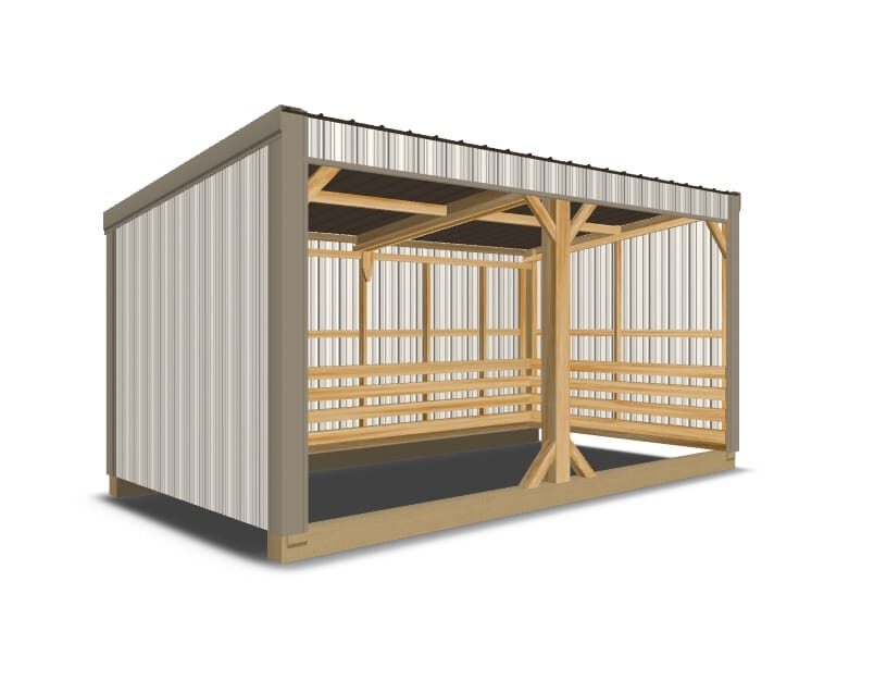 3D rendering of a metal and wood loafing shed with an open front and sloped roof.