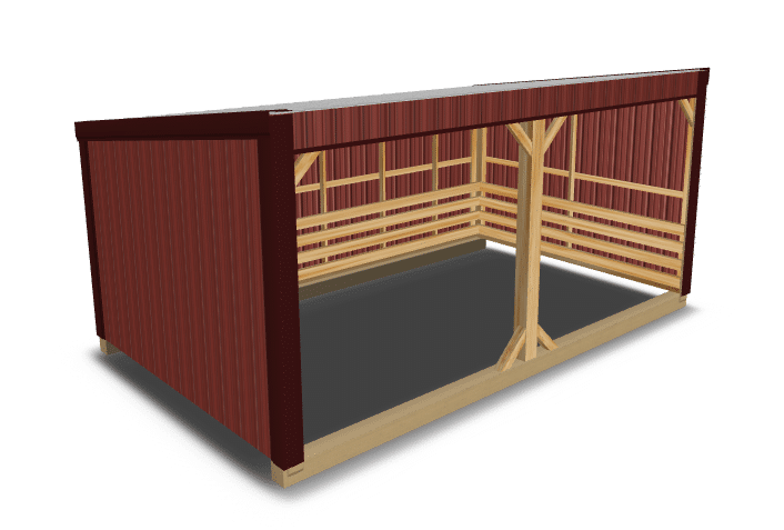 3D rendering of a red Kauffman Structures loafing shed with open front, wooden framing, and kickboards.