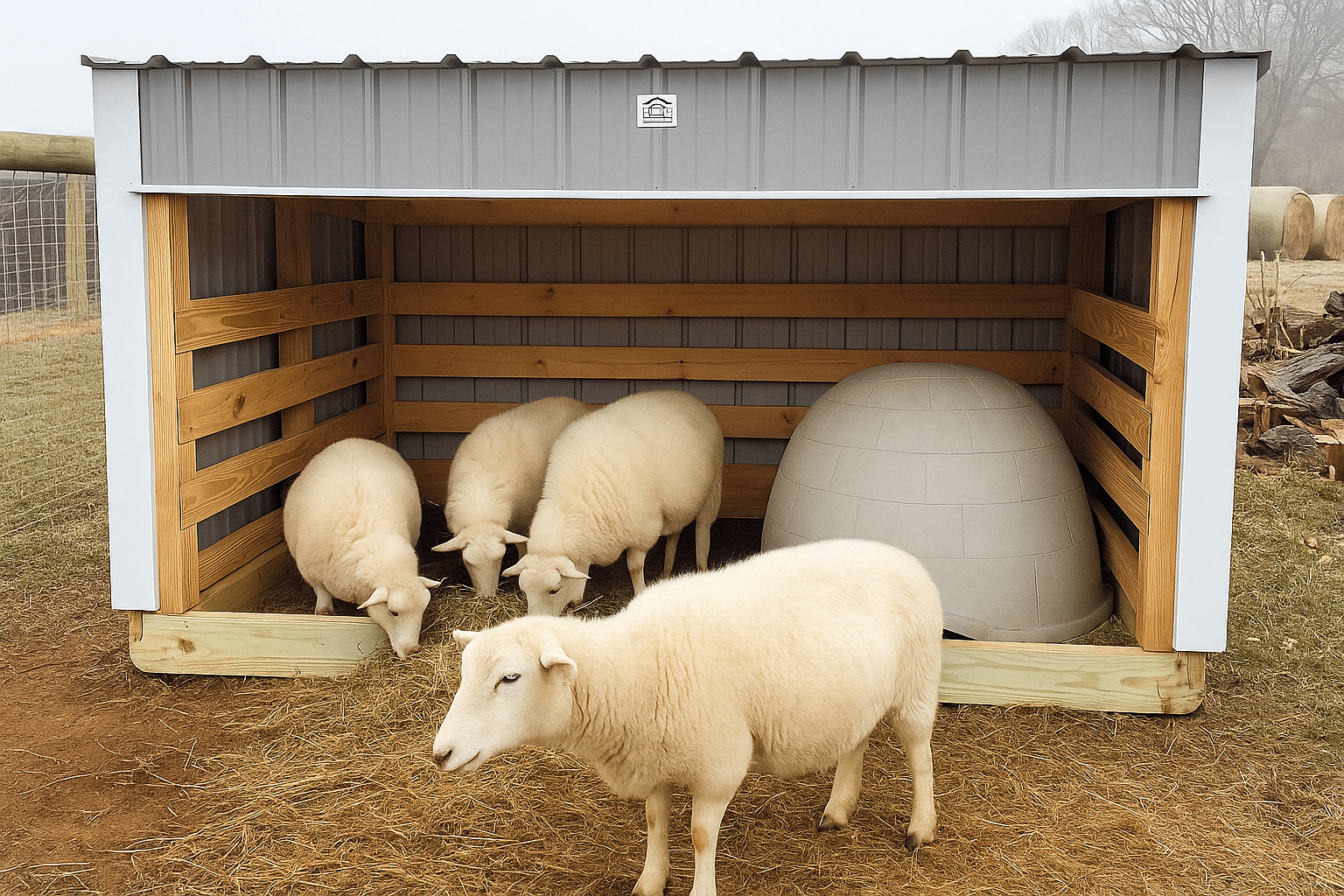 Four sheep stand and feed inside a loafing shed with wooden rails and a plastic dome shelter, while one sheep lingers at the entrance.