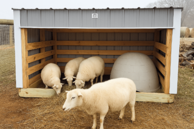 Four sheep stand and feed inside a loafing shed with wooden rails and a plastic dome shelter, while one sheep lingers at the entrance.
