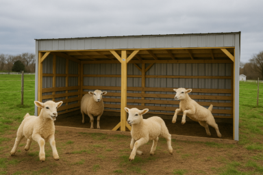 Four playful lambs jump and run in front of a three-sided loafing shed on a cloudy day.