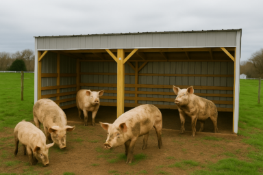 Five muddy pigs gather around a loafing shed in a green pasture, with some inside and others outside on a patchy dirt surface.