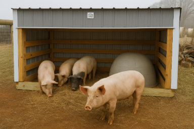 Four pigs, three inside and one outside, gather around a straw-filled loafing shed on a foggy day. The pigs appear healthy and slightly muddy, interacting naturally with their surroundings.